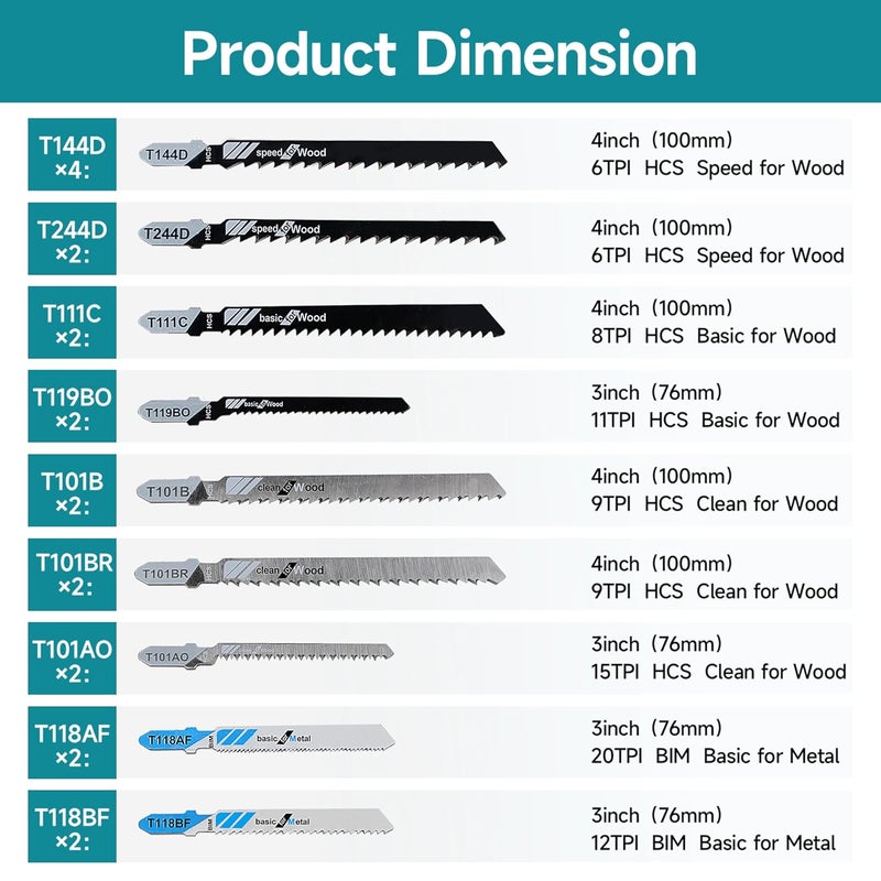 YOSIGHT 20 Pcs Jigsaw Blades Set with Case, 9 Types of Assorted T-Shank Replacement Jigsaw Blades, for Wood,Plastic and Metal Cutting - Image 2